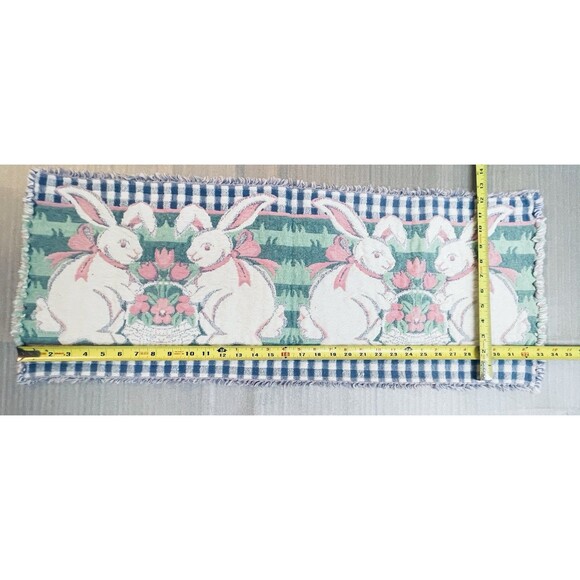 VTG Easter Woven Placemats & Runner Set Tulips Bunny Fringe Lot of 5 - Picture 5 of 12
